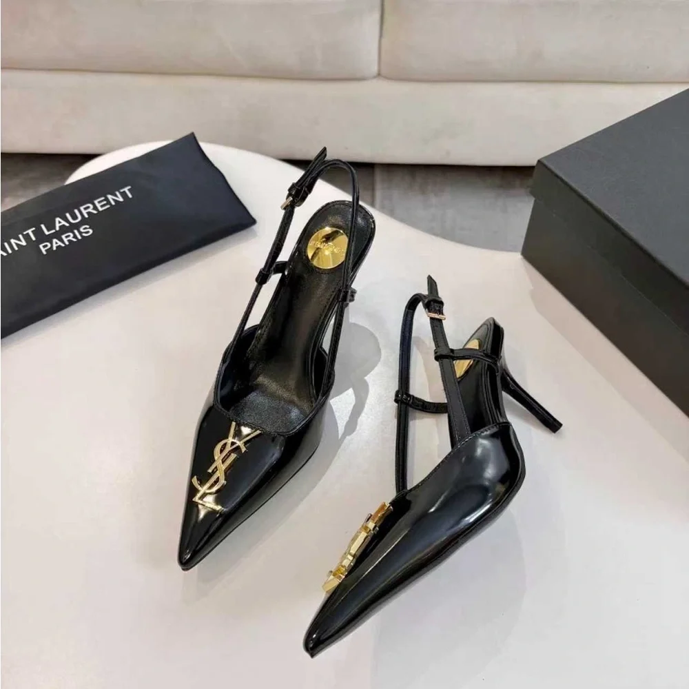 Saint Laurent Black Patent Slingback Heels with Gold Logo - Picture 5 of 7